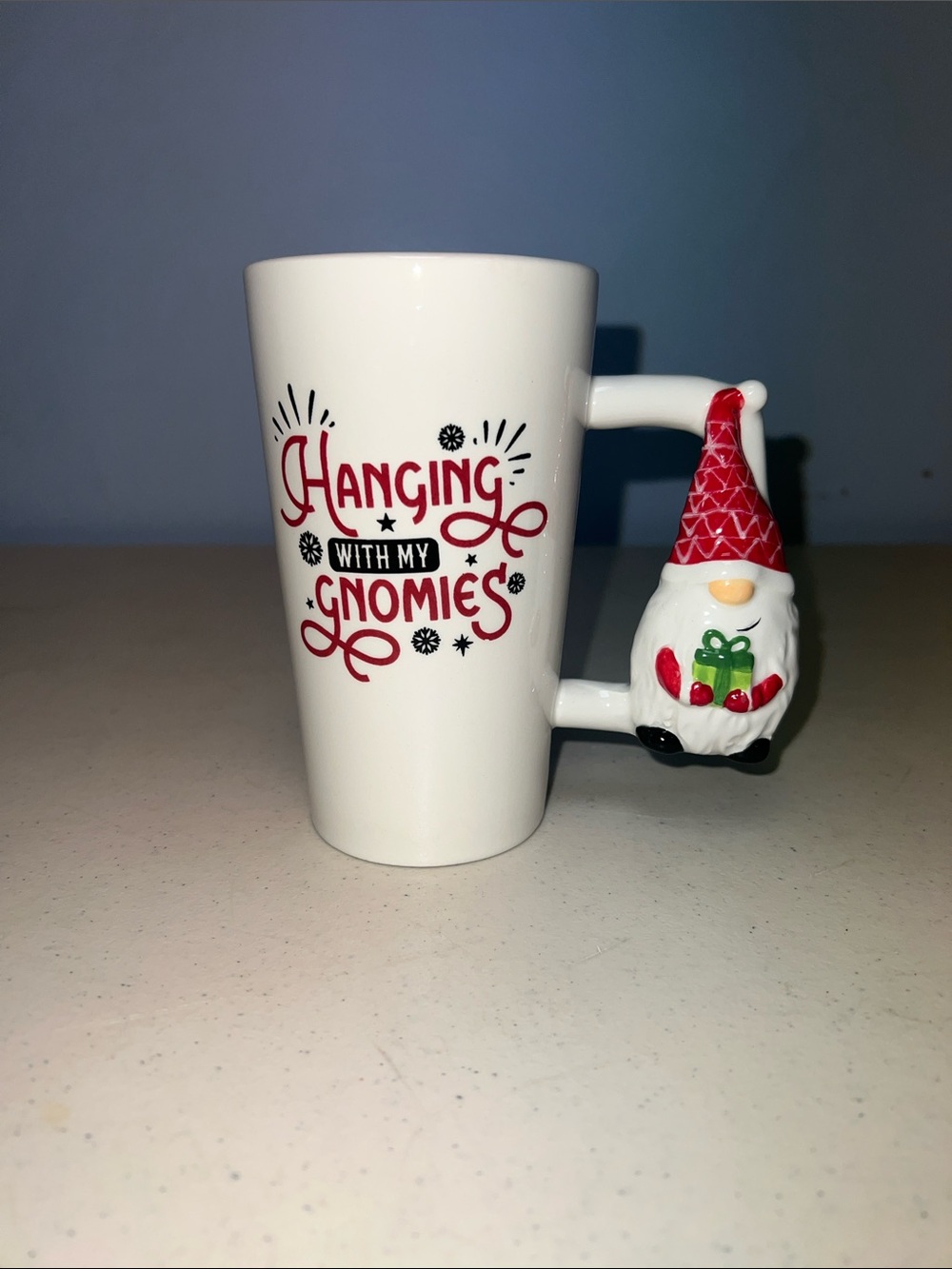 White Ceramic 'Hanging With My Gnomies' Mug with Red Gnome Handle